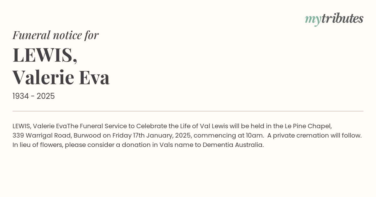 Vale Valerie Eva Lewis: Remembering a Life of Love and Legacy