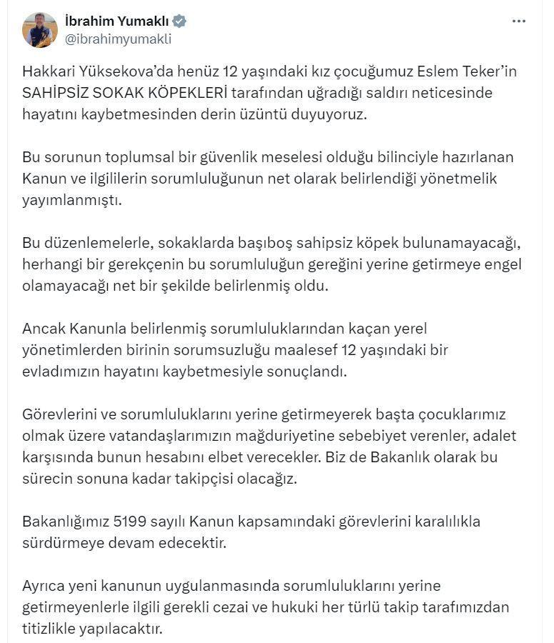 Hakkari'de Köpek Saldırısı Sonucu Yaşamını Yitiren Eslem Teker için Bakan Yumaklı'dan Açıklama