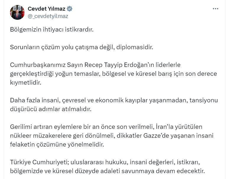 Cevdet Yılmaz'dan İsrail-İran Çatışmasına Açıklama: Gerilimin Artmasına Derhal Son Verilmeli!