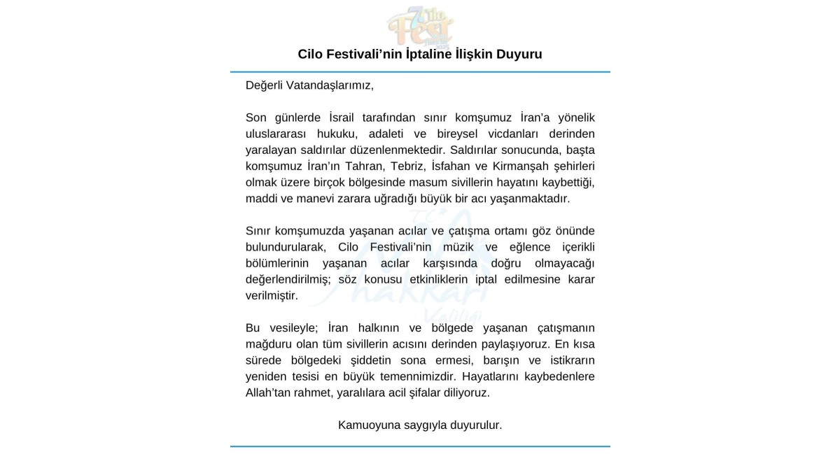 Hakkari Cilofest-2025 eğlence programı iptal edildi