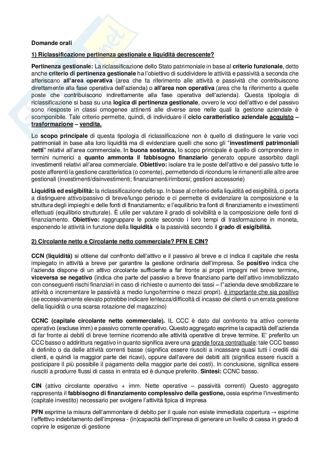 Risorse per l'esame di Finanza aziendale: domande e risposte